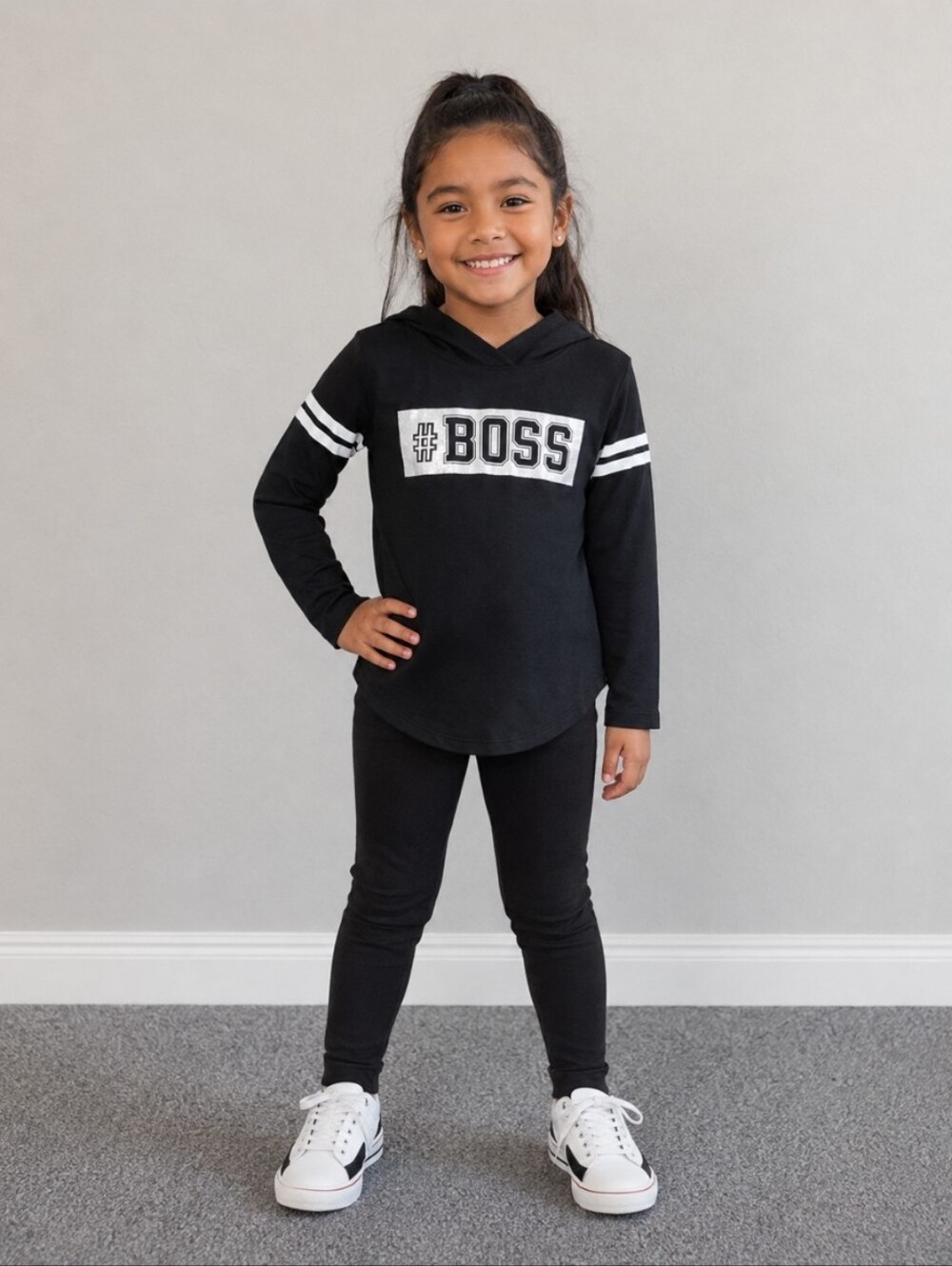 Childs Black #BOSS Glitter Graphic Hooded Shirt Large 6X